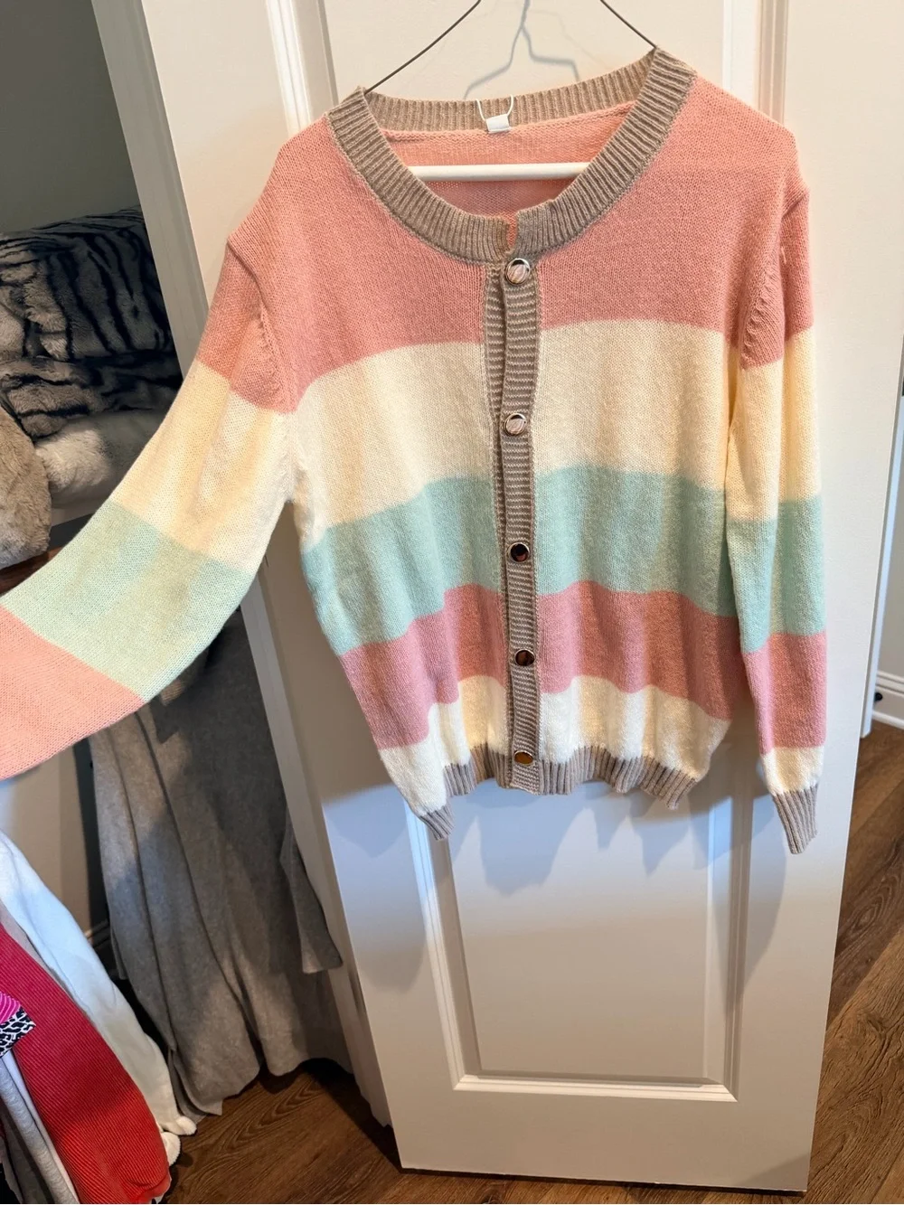 Pastel Striped Button-Front Cardigan Sweater - Pink, Cream & Mint